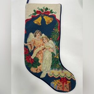 Vintage Needlepoint Angel Stocking Velvet Victorian Christmas Red Blue  Handmade
